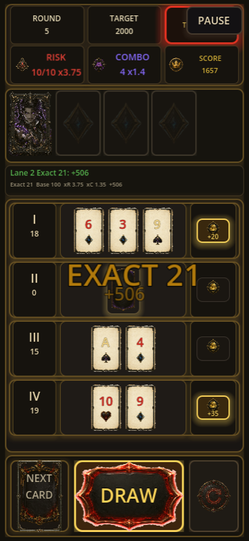 A lane hits exactly 21 and scores a 506-point bonus