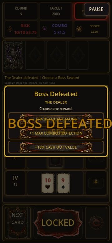 Boss defeated screen with three reward choices