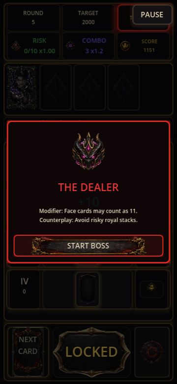 Boss intro for The Dealer, showing its modifier and counterplay