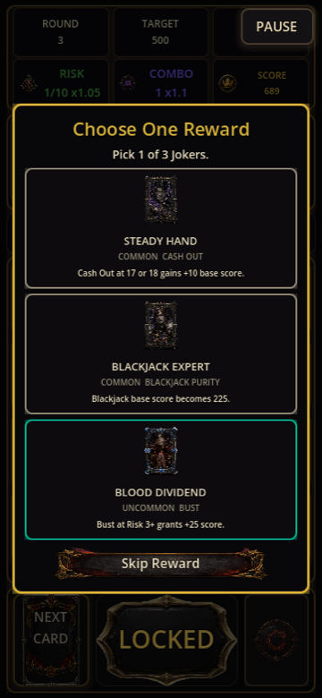 Choosing one of three Joker rewards between rounds